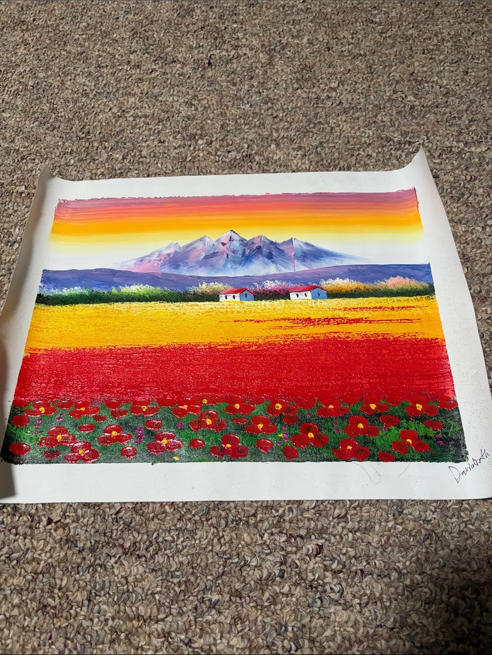 Original Hand-Painted on canvas Landscape Art in Red, Yellow, Blue